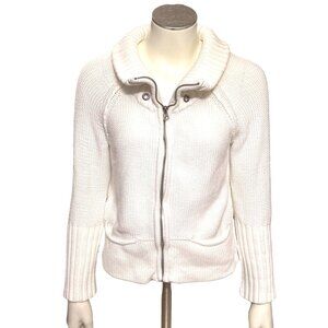 American Eagle Outfitters White Cotton Knit Zip Sweater With High Collar Pockets